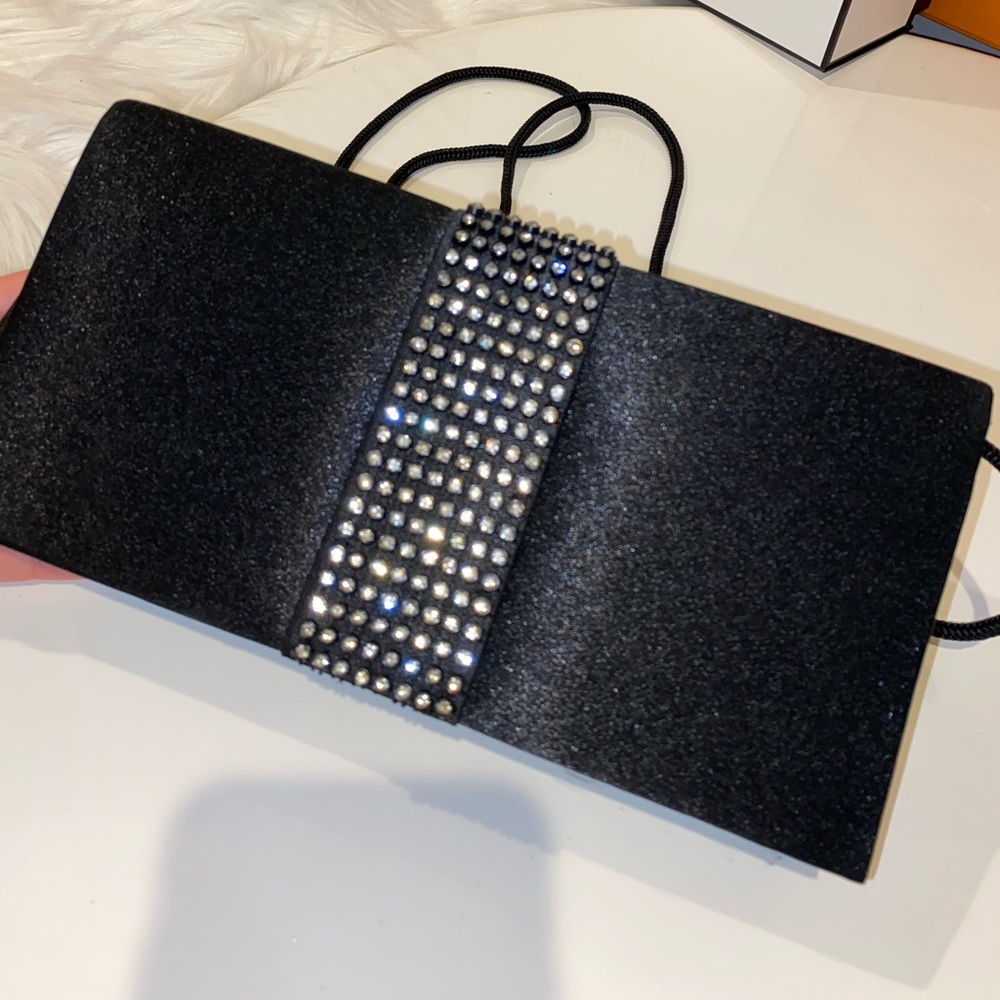 Embellished satin black clutch
